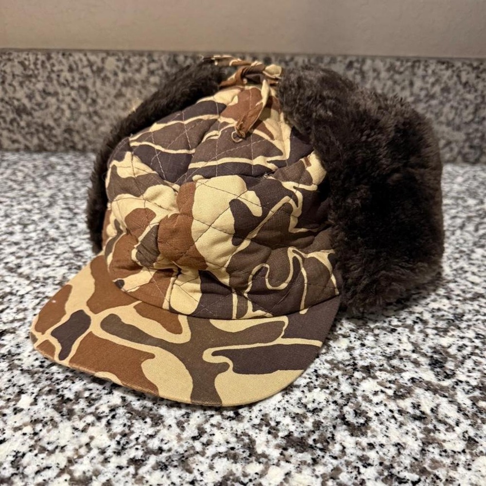 Vintage 80s Youngan Duck Camo Quilted Thinsulate Trapper Bomber Hat XL Faux Fur